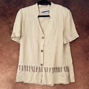 Dana Kay Cream Button Down Shirt with Beaded Fringe